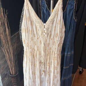 Cream Maxi Dress with Gold Embroidery - Sleeveless V-Neck